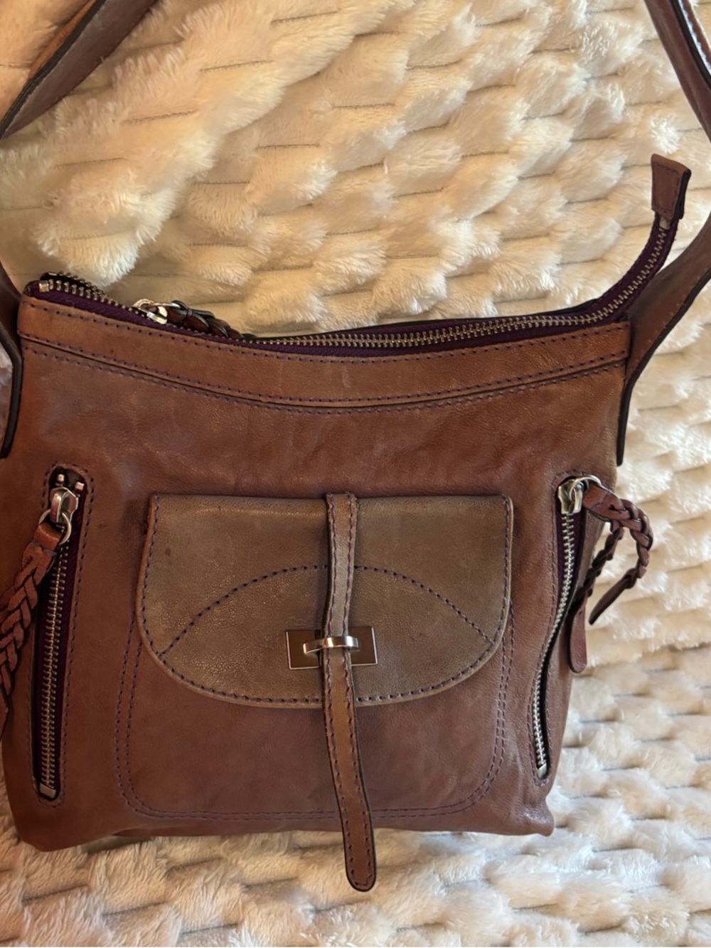 Per Una Brown-mauve Distressed Leather Shoulder Hobo Bag Purple Accents